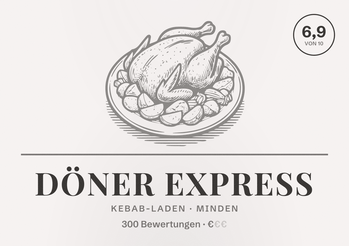 Illustriertes Poster von Döner Express, Kebab-Laden in Minden: Bewertung 6,9 von 10 aus 300 Bewertungen, Preisniveau €
