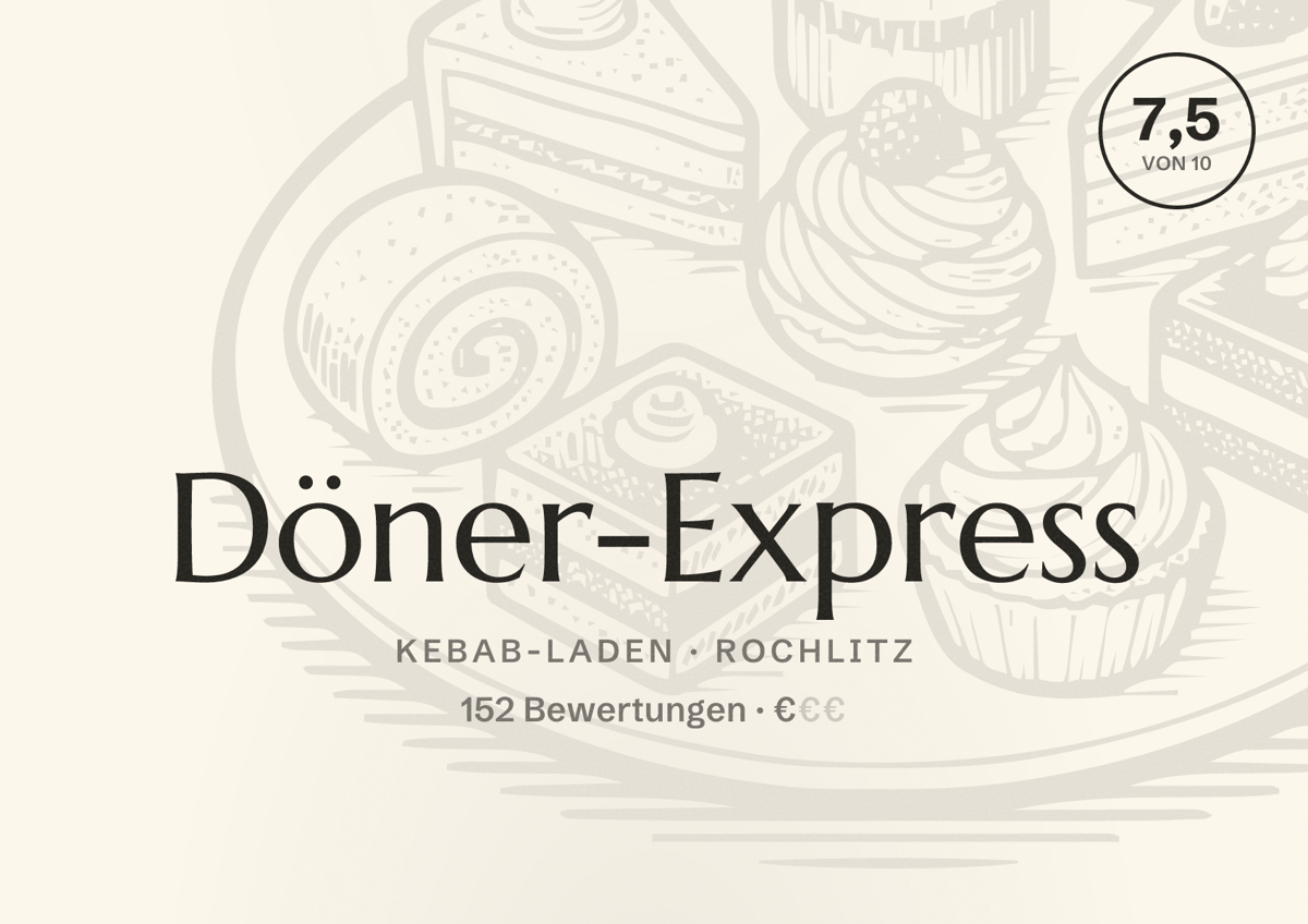 Illustriertes Poster von Döner-Express, Kebab-Laden in Rochlitz: Bewertung 7,5 von 10 aus 152 Bewertungen, Preisniveau €