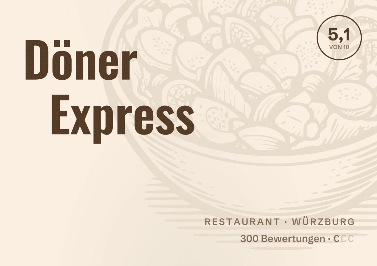 Illustriertes Poster von Döner Express, Restaurant in Würzburg: Bewertung 5,1 von 10 aus 300 Bewertungen, Preisniveau €