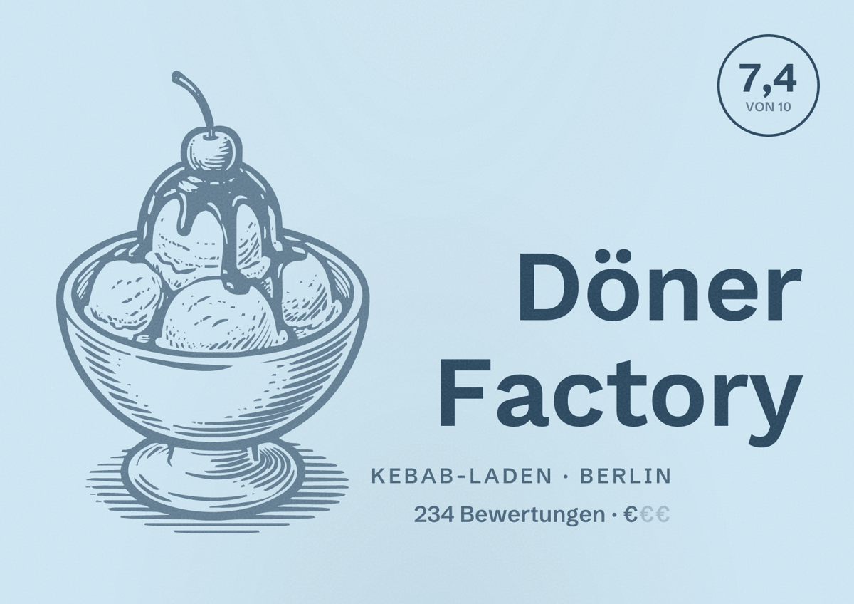 Illustriertes Poster von Döner Factory, Kebab-Laden in Berlin: Bewertung 7,4 von 10 aus 234 Bewertungen, Preisniveau €