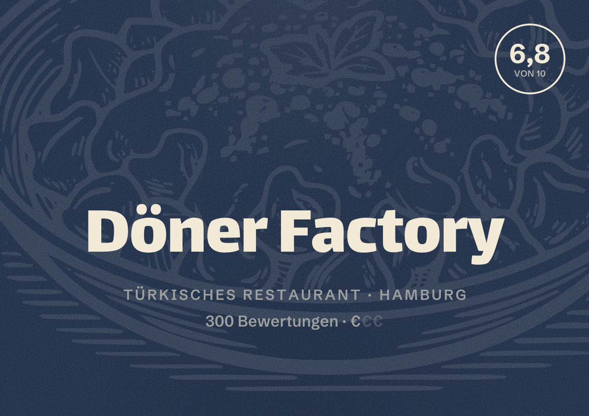 Illustriertes Poster von Döner Factory, Türkisches Restaurant in Hamburg: Bewertung 6,8 von 10 aus 300 Bewertungen, Preisniveau €