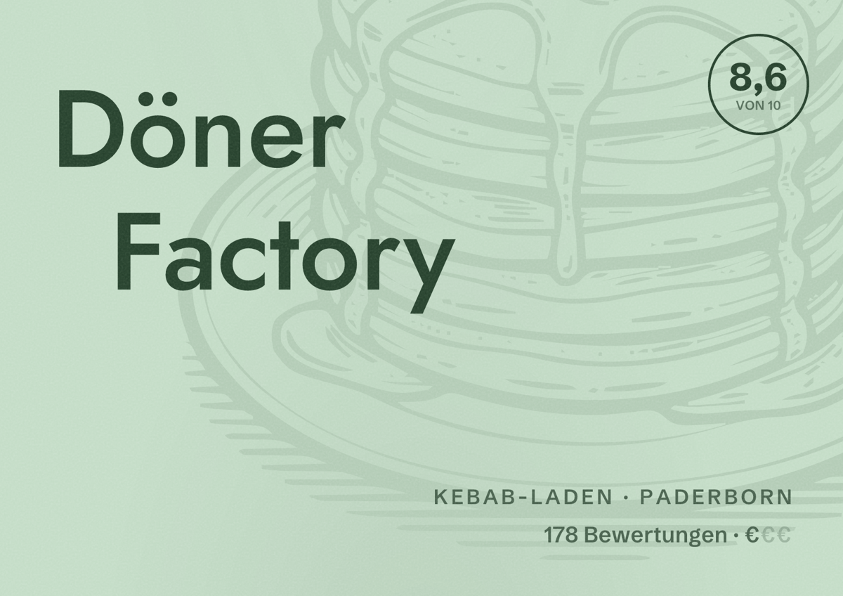 Illustriertes Poster von Döner Factory, Kebab-Laden in Paderborn: Bewertung 8,6 von 10 aus 178 Bewertungen, Preisniveau €
