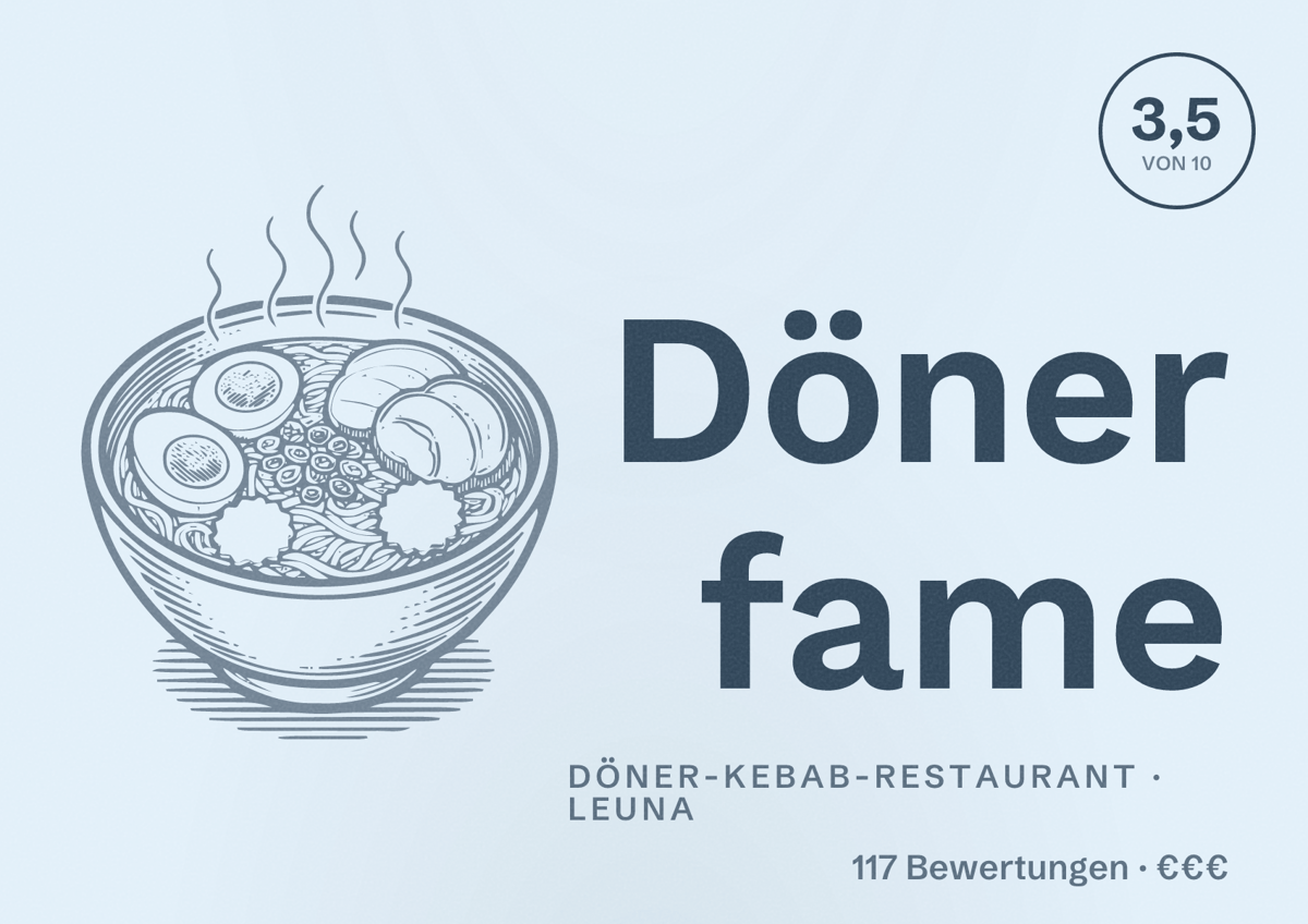 Illustriertes Poster von Döner fame, Döner-Kebab-Restaurant in Leuna: Bewertung 3,5 von 10 aus 117 Bewertungen, Preisniveau €€€
