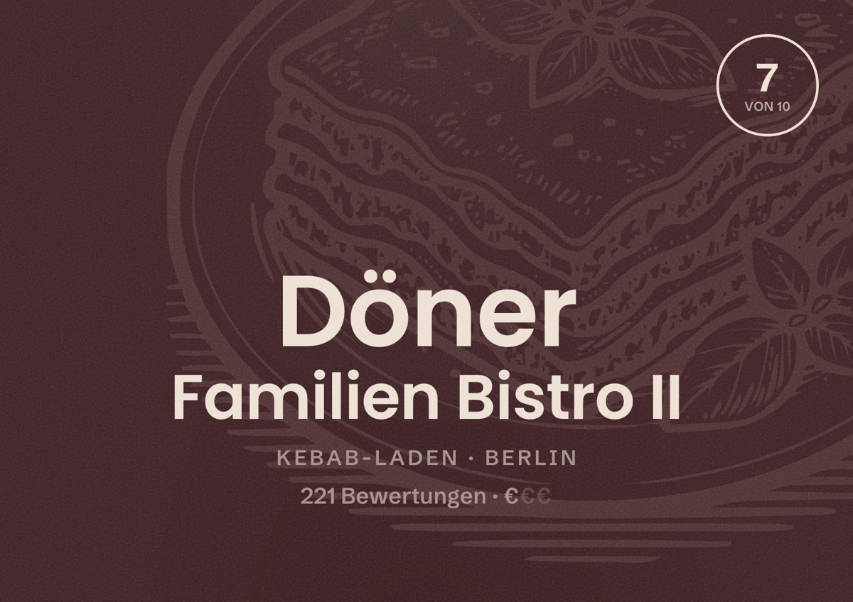 Illustriertes Poster von Döner Familien Bistro II, Kebab-Laden in Berlin: Bewertung 7,0 von 10 aus 221 Bewertungen, Preisniveau €