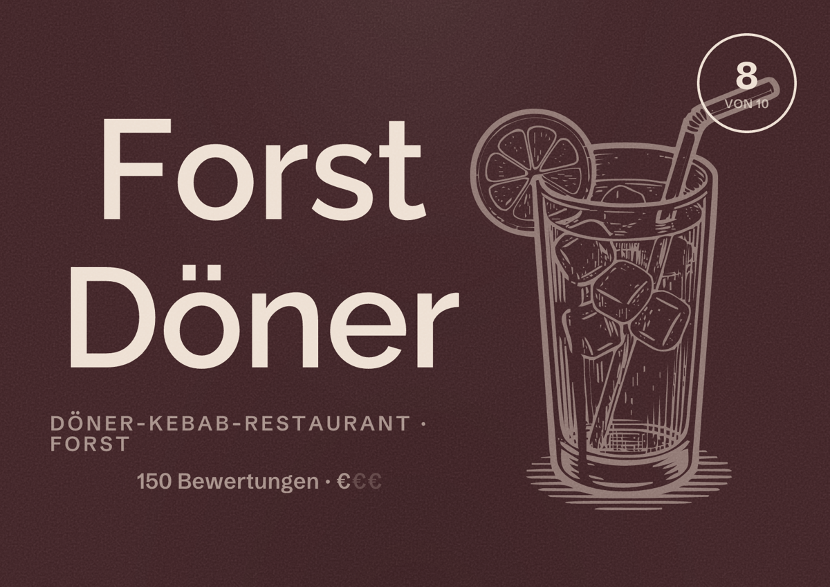 Illustriertes Poster von Forst Döner, Döner-Kebab-Restaurant in Forst: Bewertung 8 von 10 aus 150 Bewertungen, Preisniveau €