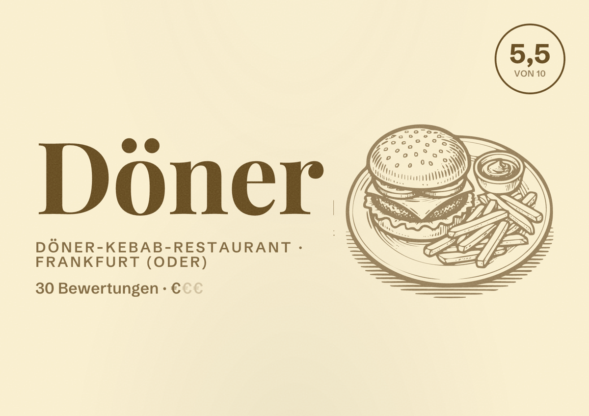 Illustriertes Poster von Döner, Döner-Kebab-Restaurant in Frankfurt (Oder): Bewertung 5,5 von 10 aus 30 Bewertungen, Preisniveau €