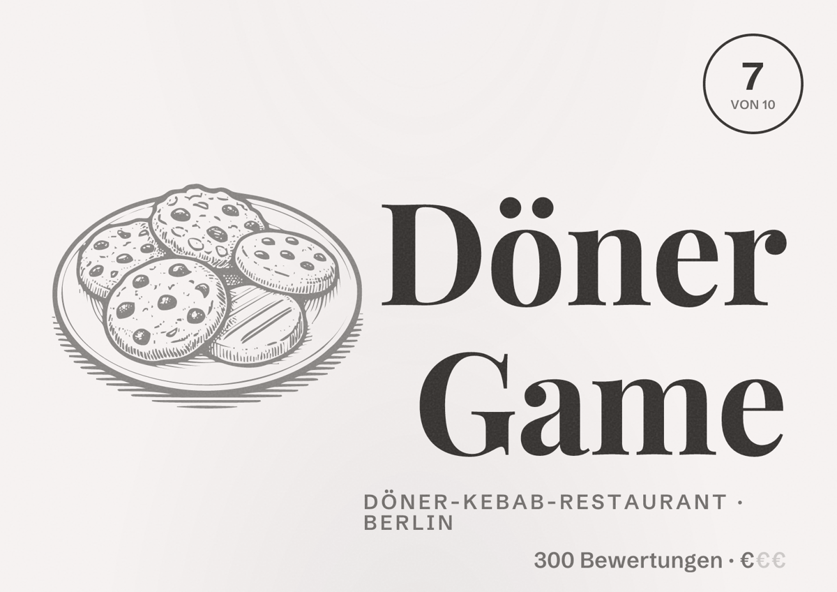 Illustriertes Poster von Döner Game, Döner-Kebab-Restaurant in Berlin: Bewertung 7,0 von 10 aus 300 Bewertungen, Preisniveau €