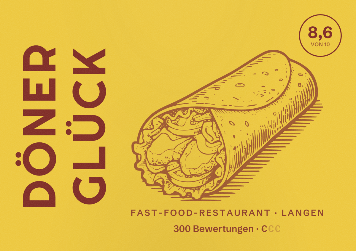Illustriertes Poster von Döner Glück, Fast-Food-Restaurant in Langen: Bewertung 8,6 von 10 aus 300 Bewertungen, Preisniveau €
