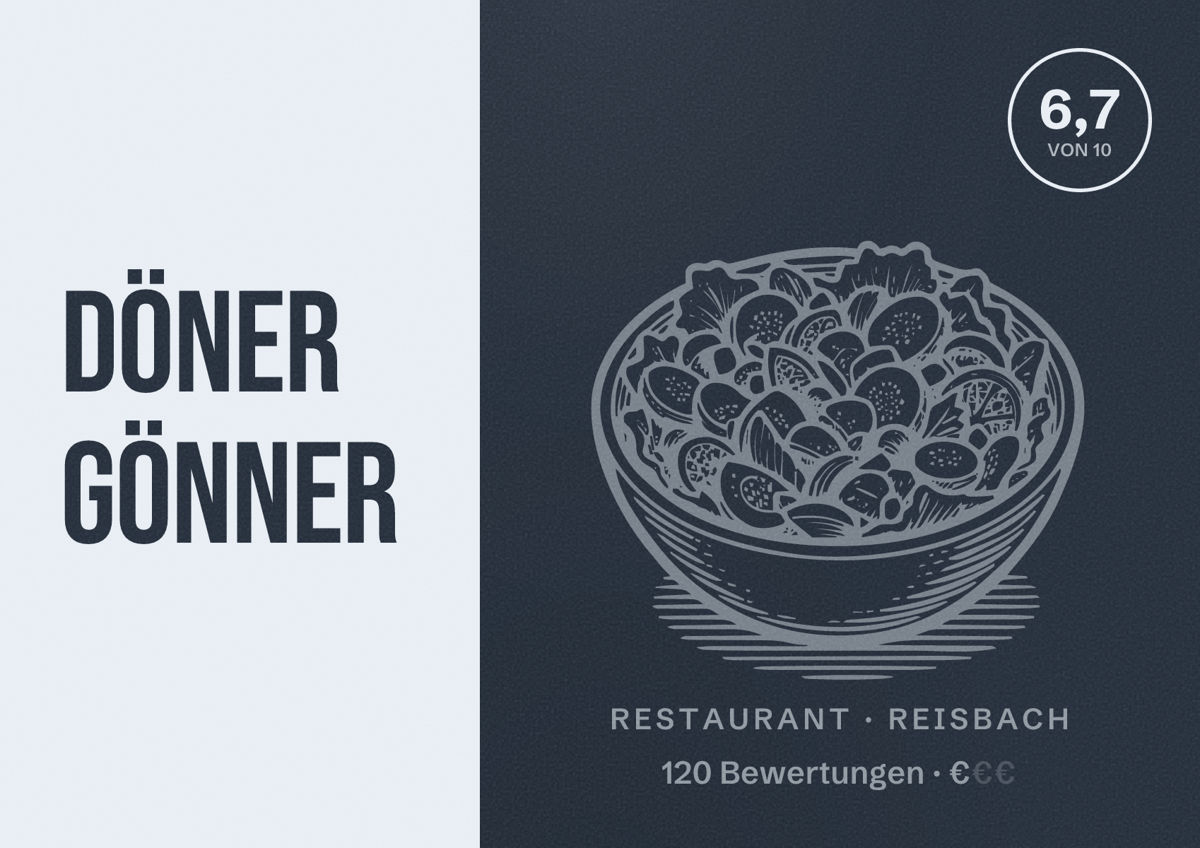 Illustriertes Poster von Döner Gönner, Restaurant in Reisbach: Bewertung 6,7 von 10 aus 120 Bewertungen, Preisniveau €