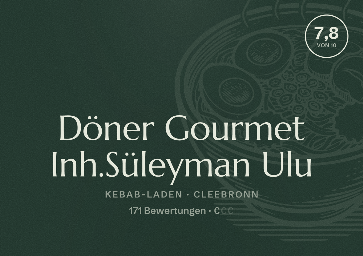 Illustriertes Poster von Döner Gourmet Inh.Süleyman Ulu, Kebab-Laden in Cleebronn: Bewertung 7,8 von 10 aus 171 Bewertungen, Preisniveau €
