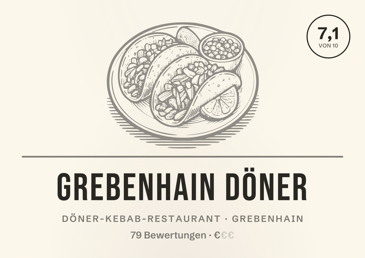 Illustriertes Poster von Grebenhain Döner, Döner-Kebab-Restaurant in Grebenhain: Bewertung 7,1 von 10 aus 79 Bewertungen, Preisniveau €