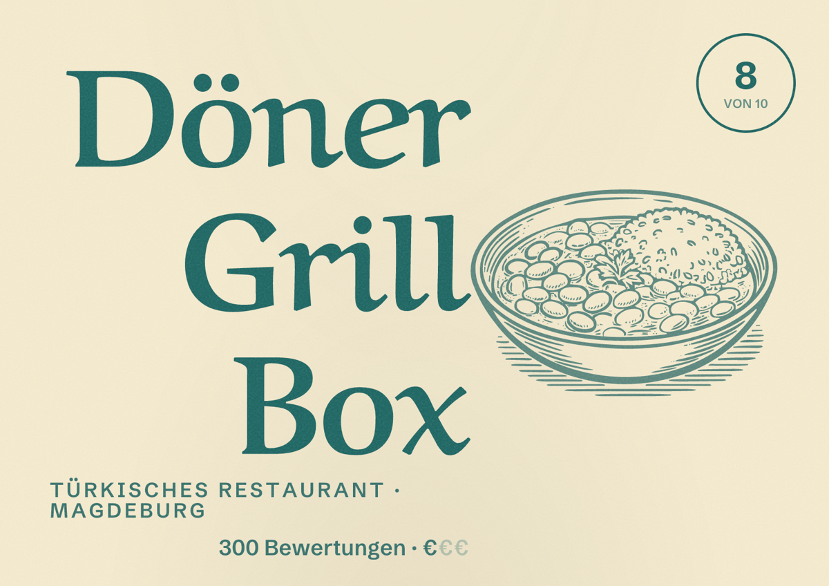 Illustriertes Poster von Döner Grill Box, Türkisches Restaurant in Magdeburg: Bewertung 8,0 von 10 aus 300 Bewertungen, Preisniveau €