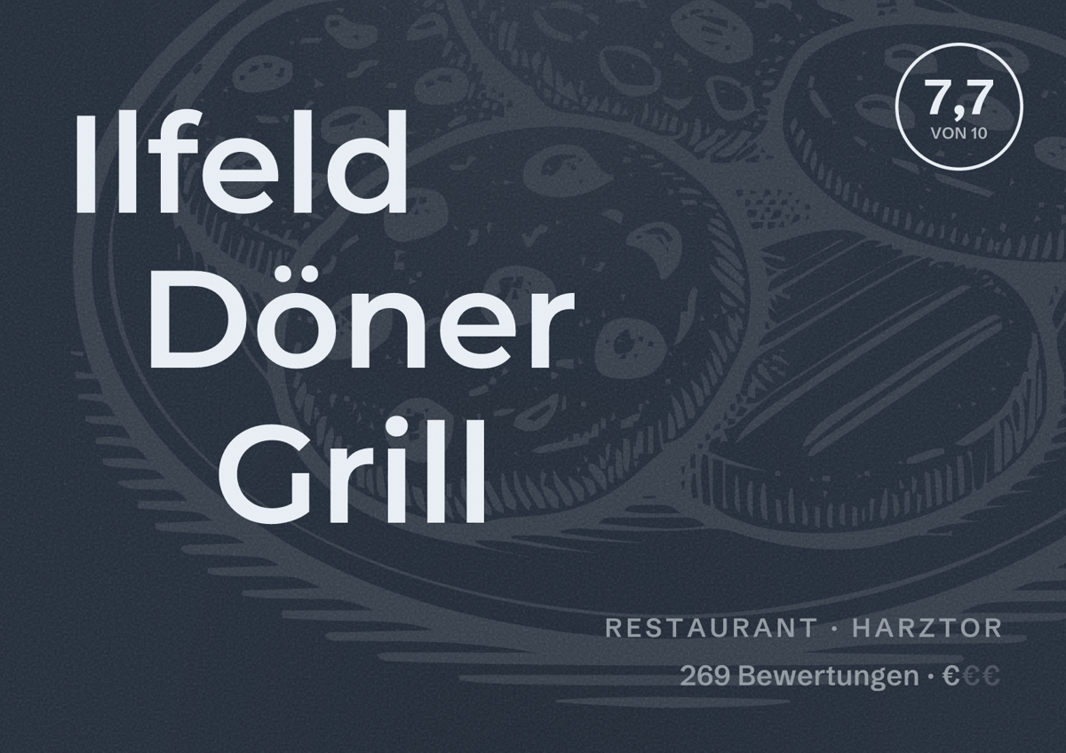Illustriertes Poster von Ilfeld Döner Grill, Restaurant in Harztor: Bewertung 7,7 von 10 aus 269 Bewertungen, Preisniveau €