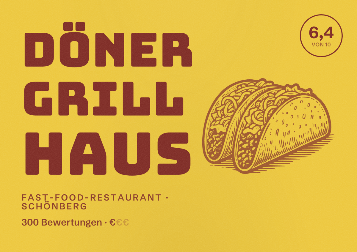 Illustriertes Poster von Döner Grill Haus, Fast-Food-Restaurant in Schönberg: Bewertung 6,4 von 10 aus 300 Bewertungen, Preisniveau €