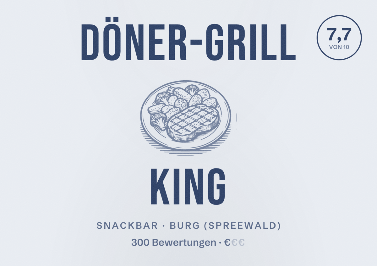 Illustriertes Poster von Döner-Grill King, Snackbar in Burg (Spreewald): Bewertung 7,7 von 10 aus 300 Bewertungen, Preisniveau €