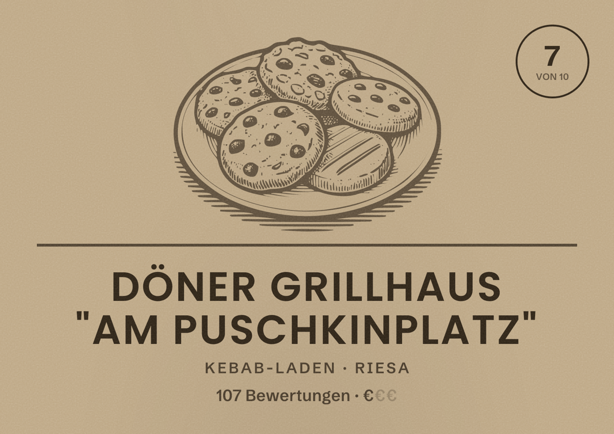 Illustriertes Poster von Döner Grillhaus "Am Puschkinplatz", Kebab-Laden in Riesa: Bewertung 7 von 10 aus 107 Bewertungen, Preisniveau €