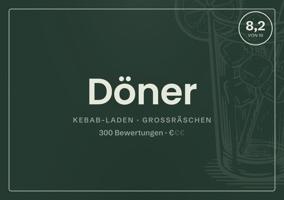 Illustriertes Poster von Döner, Kebab-Laden in Großräschen: Bewertung 8,2 von 10 aus 300 Bewertungen, Preisniveau €