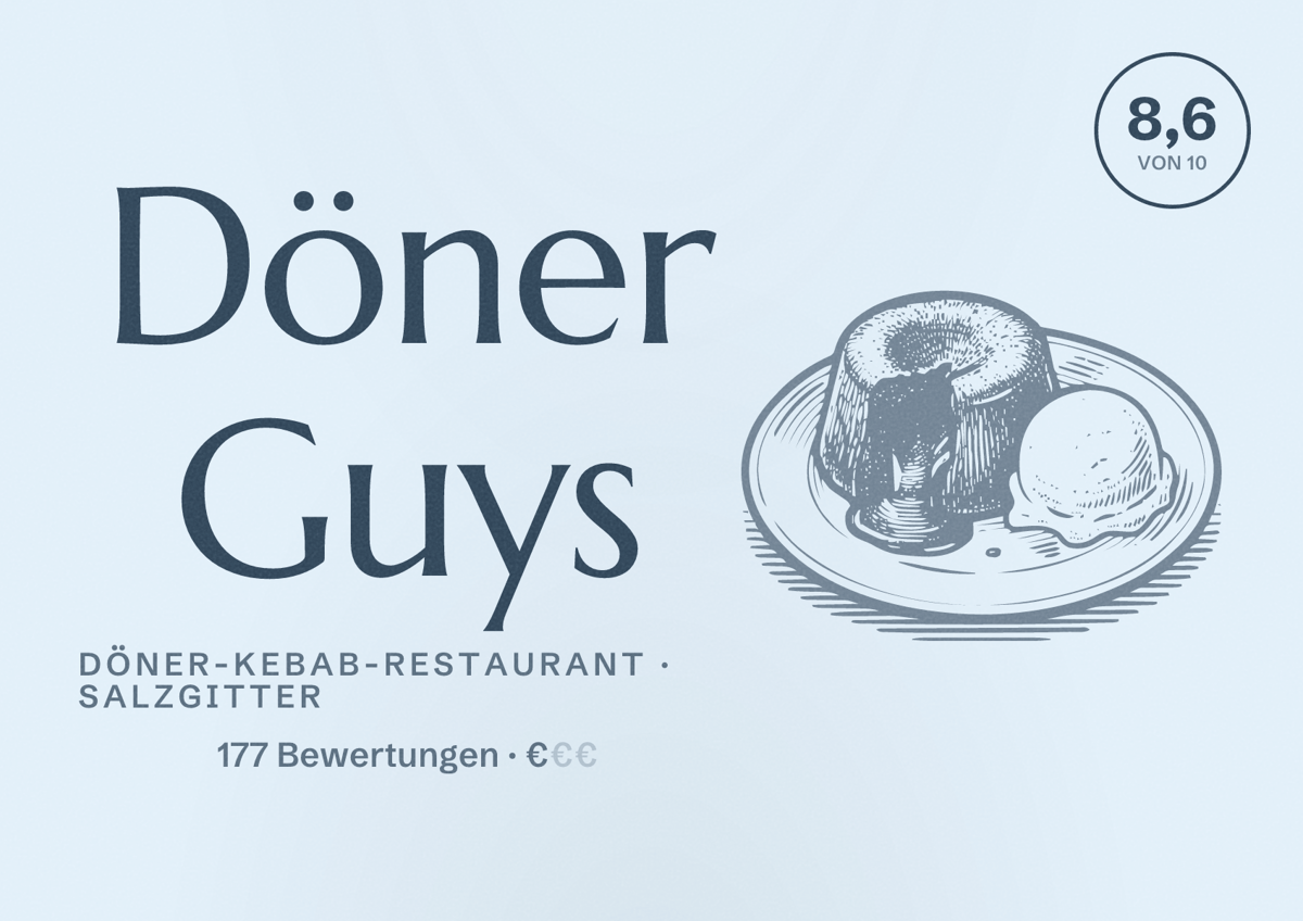 Illustriertes Poster von Döner Guys, Döner-Kebab-Restaurant in Salzgitter: Bewertung 8,6 von 10 aus 177 Bewertungen, Preisniveau €