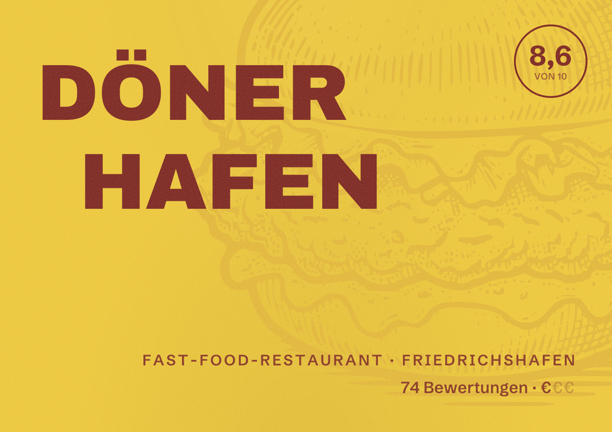 Illustriertes Poster von DÖNER HAFEN, Fast-Food-Restaurant in Friedrichshafen: Bewertung 8,6 von 10 aus 74 Bewertungen, Preisniveau €