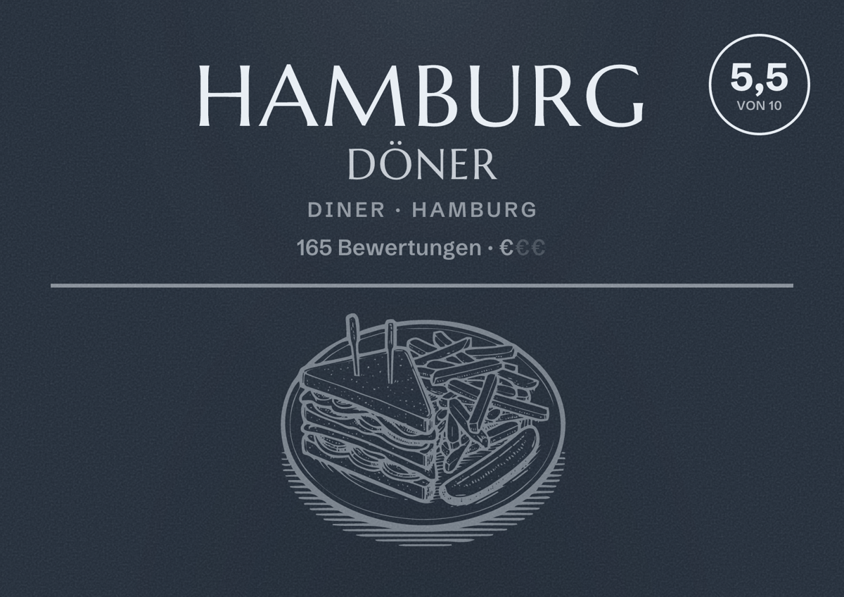 Illustriertes Poster von Hamburg Döner, Diner in Hamburg: Bewertung 5,5 von 10 aus 165 Bewertungen, Preisniveau €