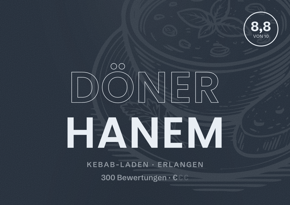 Illustriertes Poster von Döner Hanem, Kebab-Laden in Erlangen: Bewertung 8,8 von 10 aus 300 Bewertungen, Preisniveau €