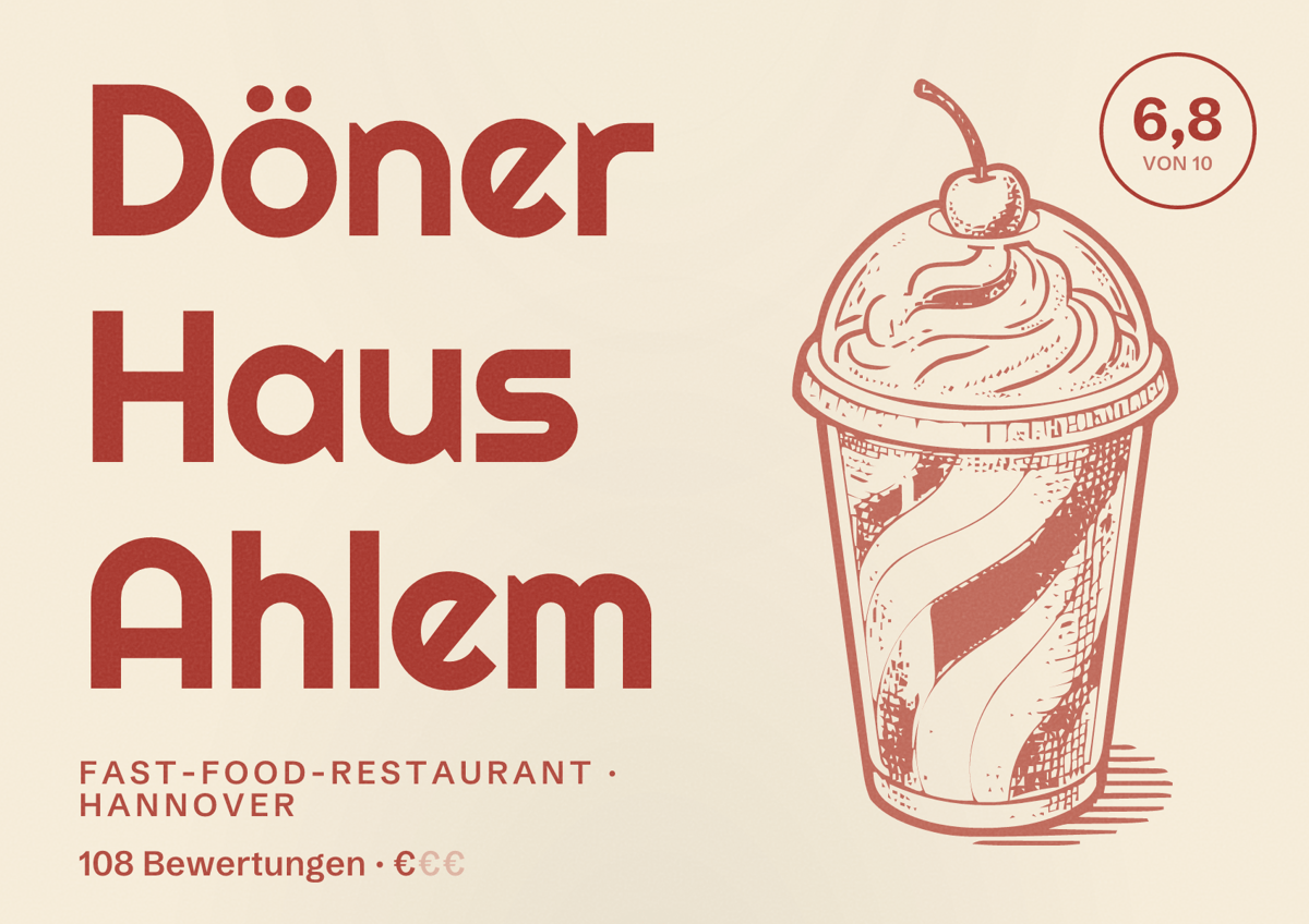 Illustriertes Poster von Döner Haus Ahlem, Fast-Food-Restaurant in Hannover: Bewertung 6,8 von 10 aus 108 Bewertungen, Preisniveau €
