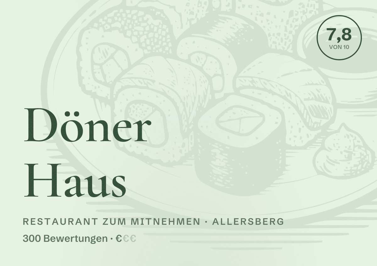 Illustriertes Poster von Döner Haus, Restaurant zum Mitnehmen in Allersberg: Bewertung 7,8 von 10 aus 300 Bewertungen, Preisniveau €