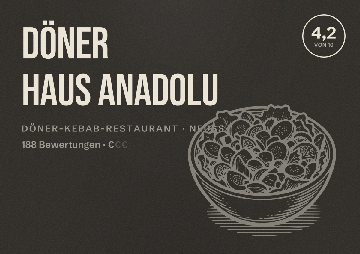 Illustriertes Poster von Döner Haus Anadolu, Döner-Kebab-Restaurant in Neuss: Bewertung 4,2 von 10 aus 188 Bewertungen, Preisniveau €