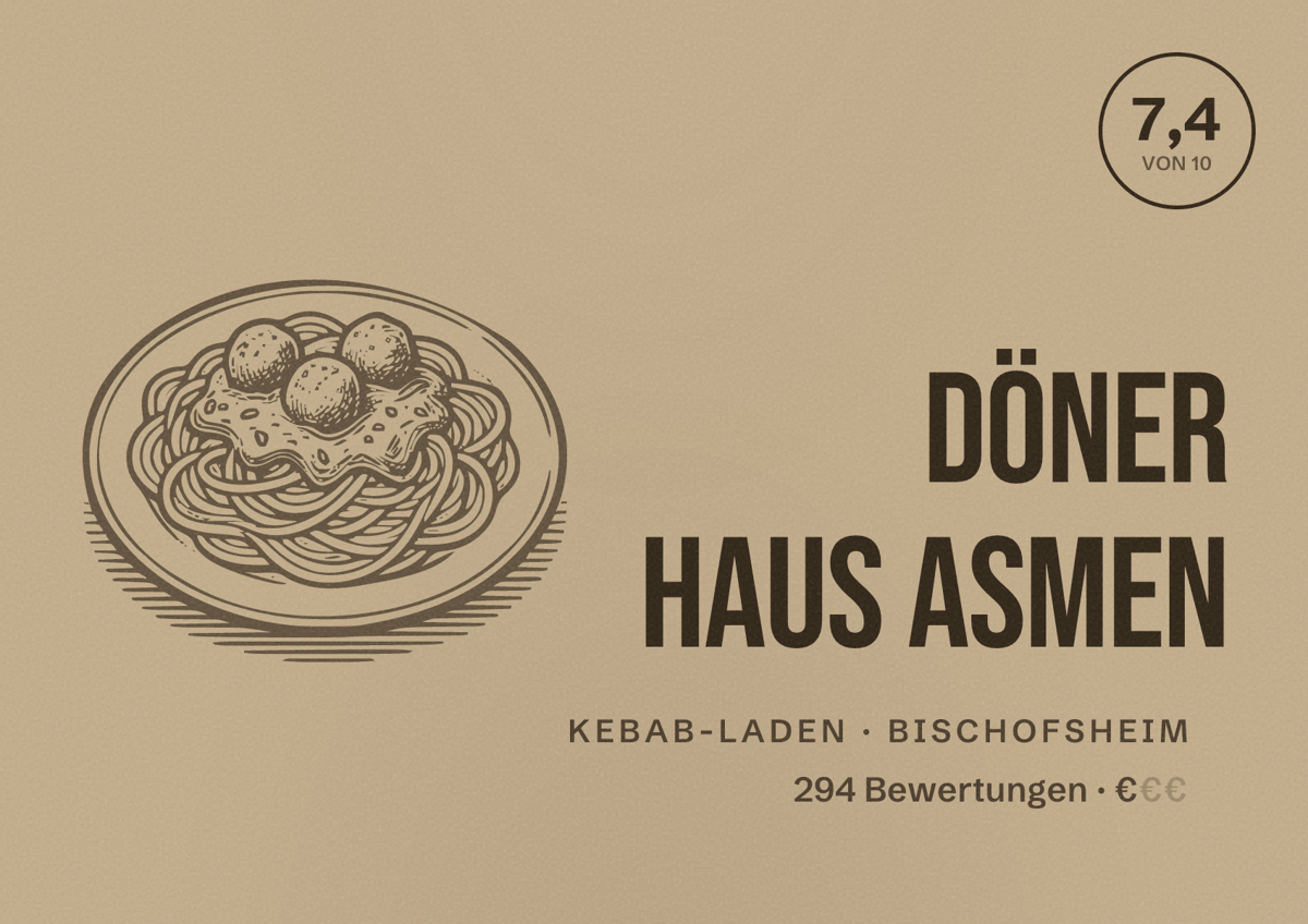 Illustriertes Poster von Döner Haus Asmen, Kebab-Laden in Bischofsheim: Bewertung 7,4 von 10 aus 294 Bewertungen, Preisniveau €