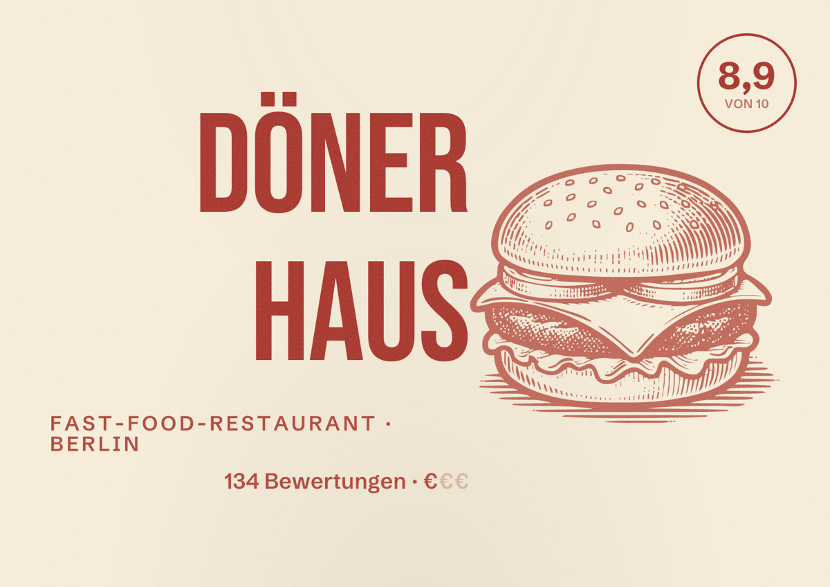 Illustriertes Poster von Döner Haus, Fast-Food-Restaurant in Berlin: Bewertung 8,9 von 10 aus 134 Bewertungen, Preisniveau €