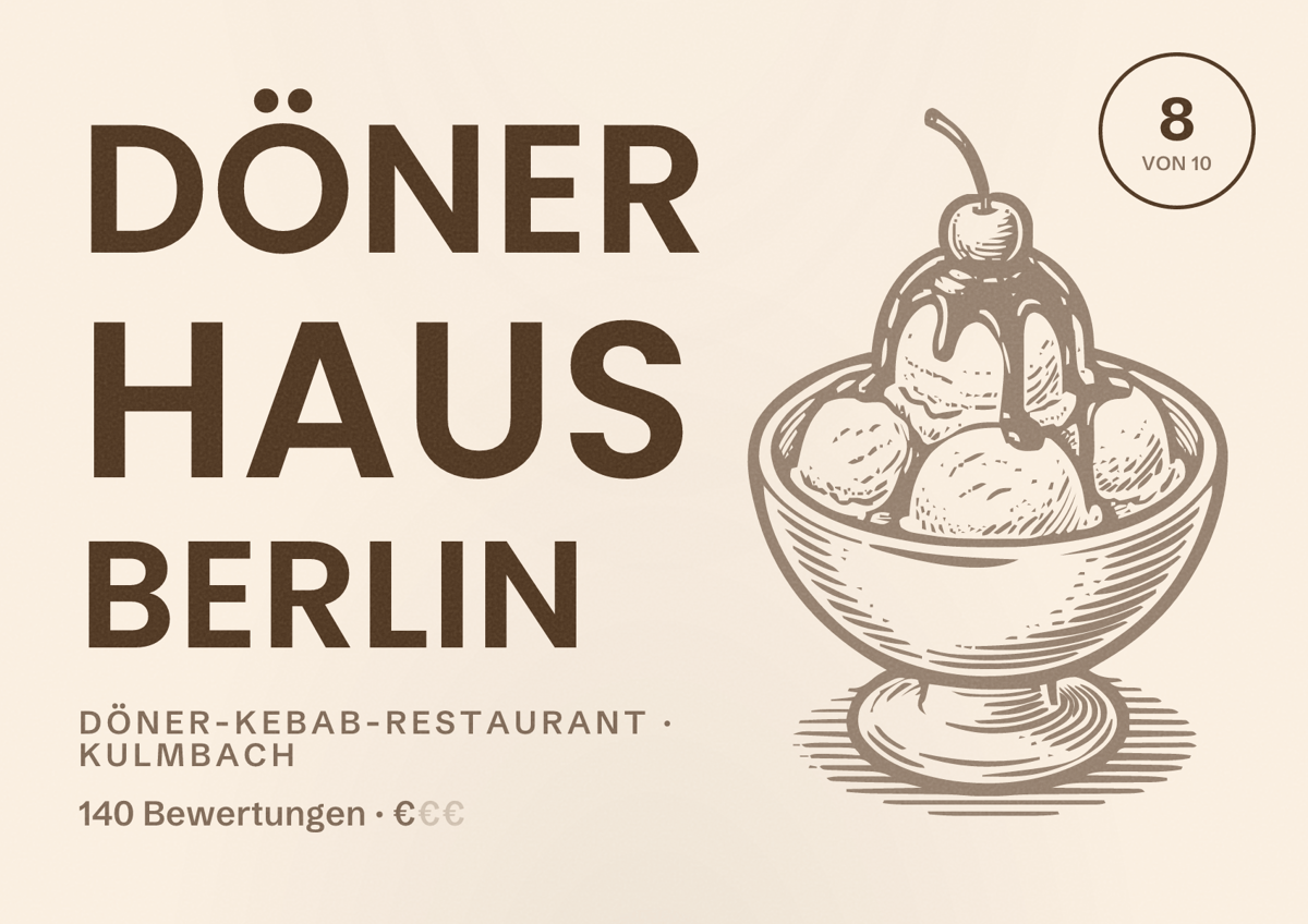 Illustriertes Poster von Döner Haus Berlin, Döner-Kebab-Restaurant in Kulmbach: Bewertung 8 von 10 aus 140 Bewertungen, Preisniveau €