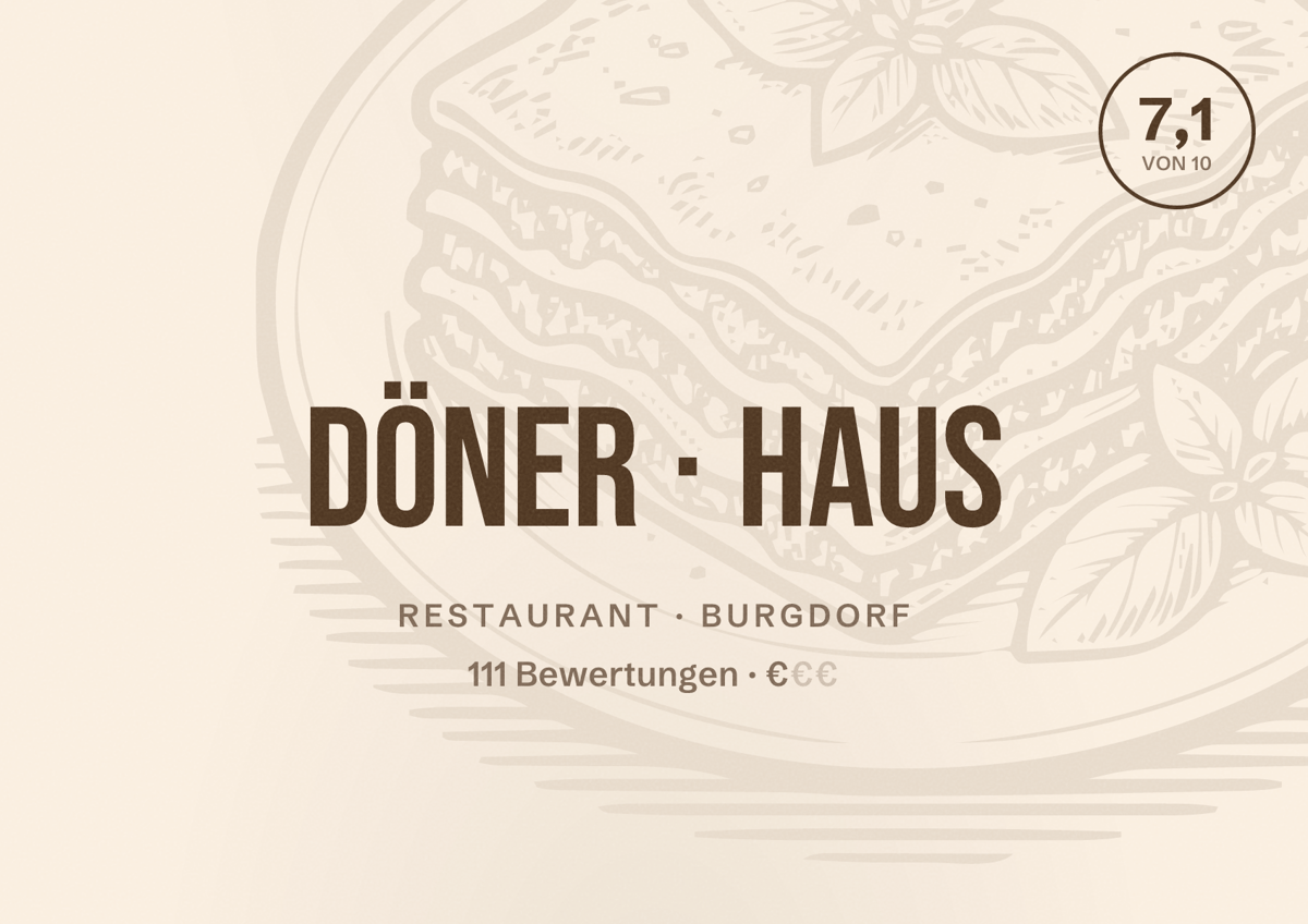 Illustriertes Poster von Döner HAUS, Restaurant in Burgdorf: Bewertung 7,1 von 10 aus 111 Bewertungen, Preisniveau €