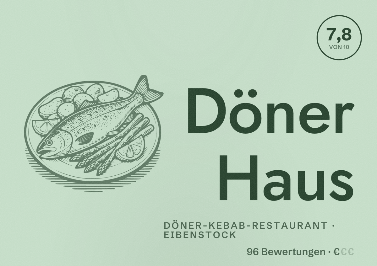 Illustriertes Poster von Döner Haus, Döner-Kebab-Restaurant in Eibenstock: Bewertung 7,8 von 10 aus 96 Bewertungen, Preisniveau €