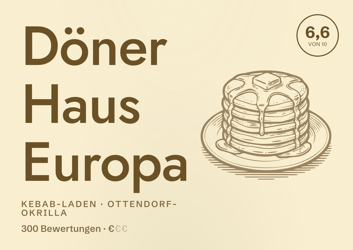 Illustriertes Poster von Döner Haus Europa, Kebab-Laden in Ottendorf-Okrilla: Bewertung 6,6 von 10 aus 300 Bewertungen, Preisniveau €
