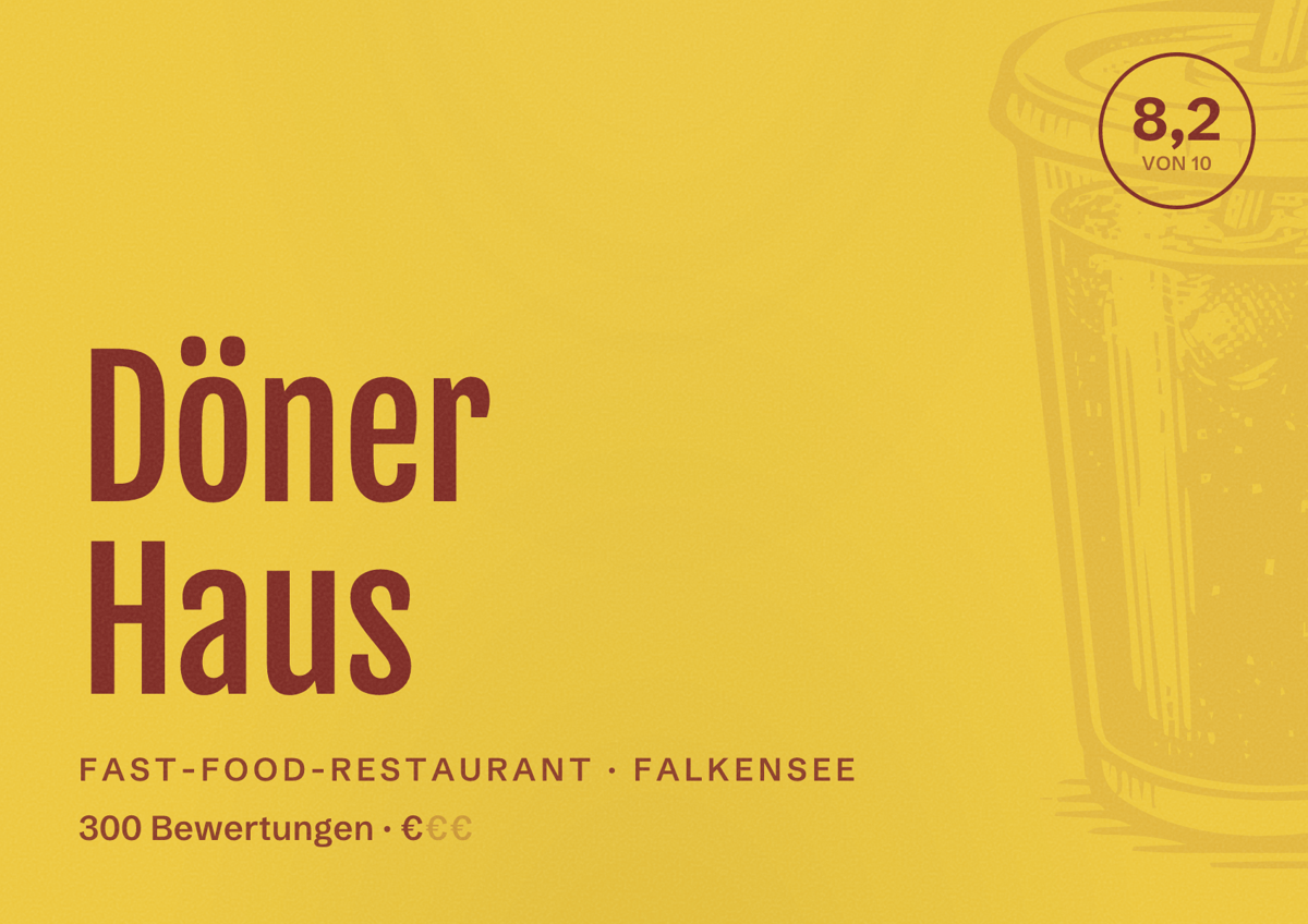 Illustriertes Poster von Döner Haus, Fast-Food-Restaurant in Falkensee: Bewertung 8,2 von 10 aus 300 Bewertungen, Preisniveau €