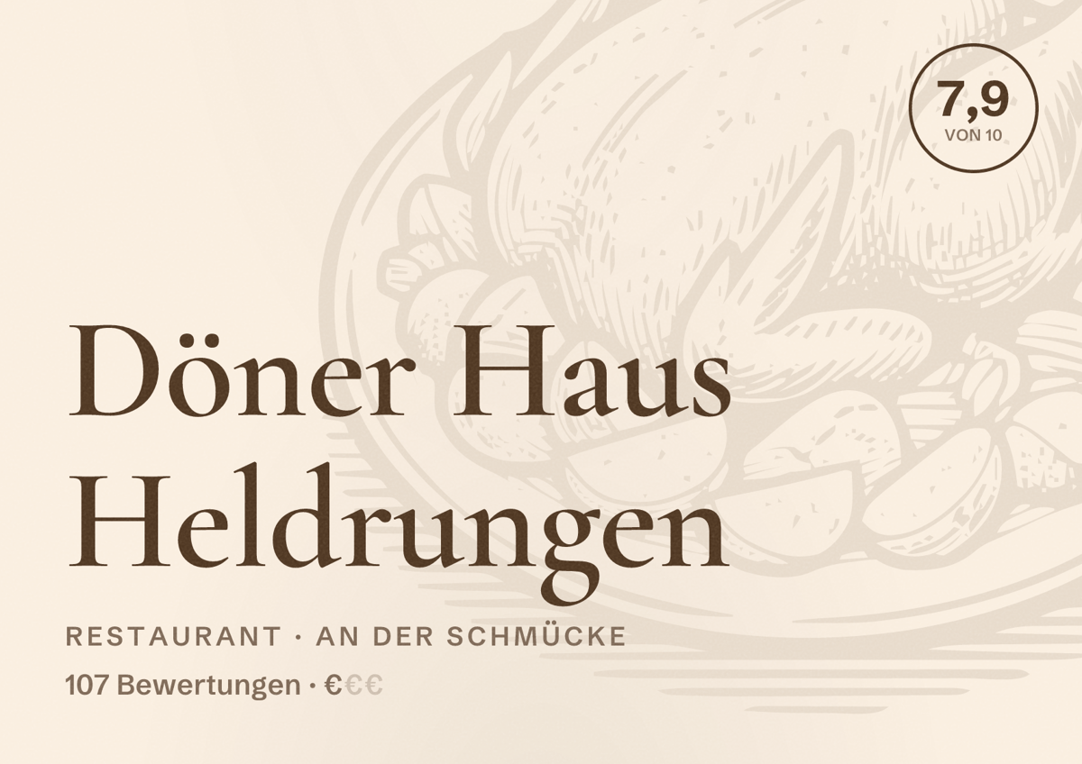 Illustriertes Poster von Döner Haus Heldrungen, Restaurant in An der Schmücke: Bewertung 7,9 von 10 aus 107 Bewertungen, Preisniveau €