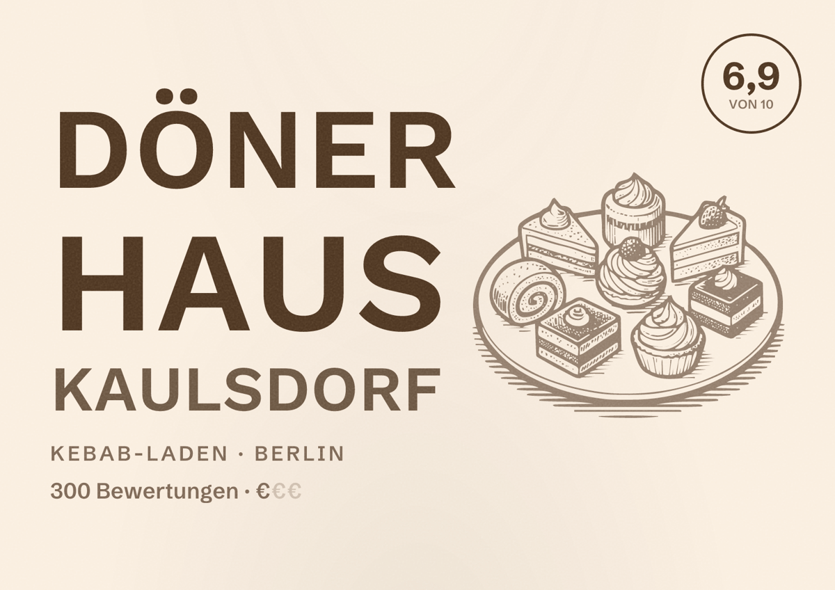 Illustriertes Poster von Döner Haus Kaulsdorf, Kebab-Laden in Berlin: Bewertung 6,9 von 10 aus 300 Bewertungen, Preisniveau €