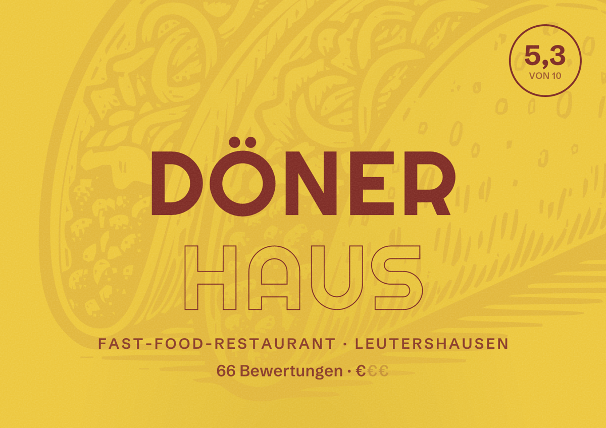 Illustriertes Poster von Döner Haus, Fast-Food-Restaurant in Leutershausen: Bewertung 5,3 von 10 aus 66 Bewertungen, Preisniveau €