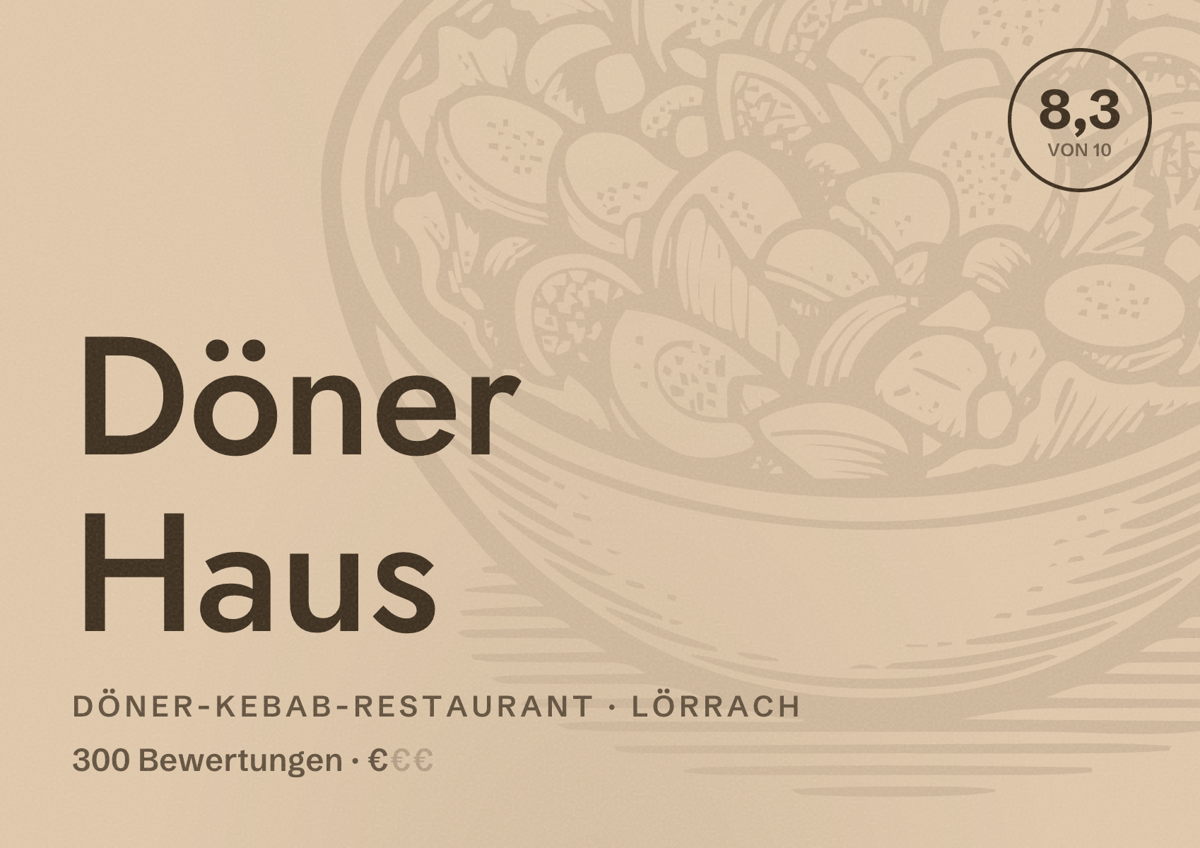 Illustriertes Poster von Döner Haus, Döner-Kebab-Restaurant in Lörrach: Bewertung 8,3 von 10 aus 300 Bewertungen, Preisniveau €