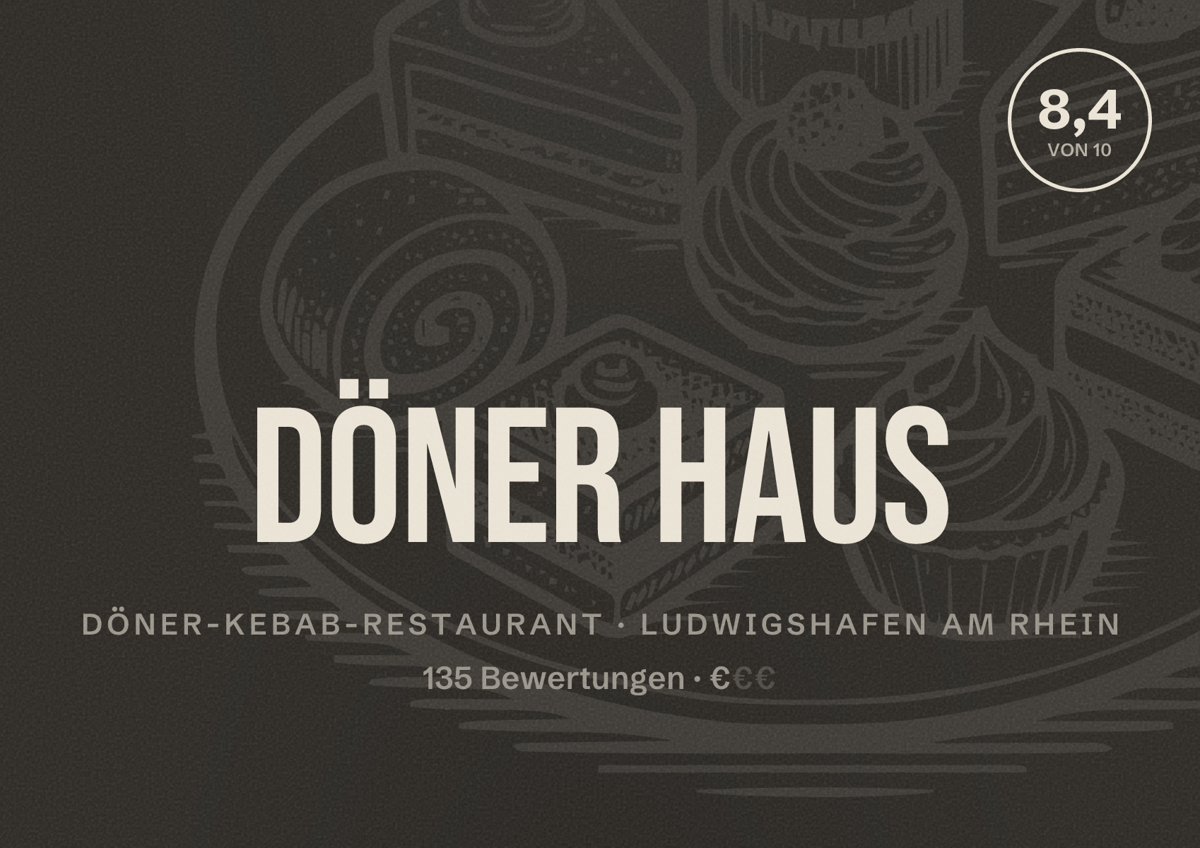 Illustriertes Poster von Döner Haus, Döner-Kebab-Restaurant in Ludwigshafen am Rhein: Bewertung 8,4 von 10 aus 135 Bewertungen, Preisniveau €