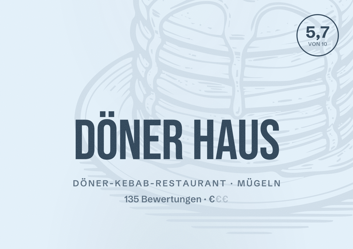 Illustriertes Poster von Döner Haus, Döner-Kebab-Restaurant in Mügeln: Bewertung 5,7 von 10 aus 135 Bewertungen, Preisniveau €