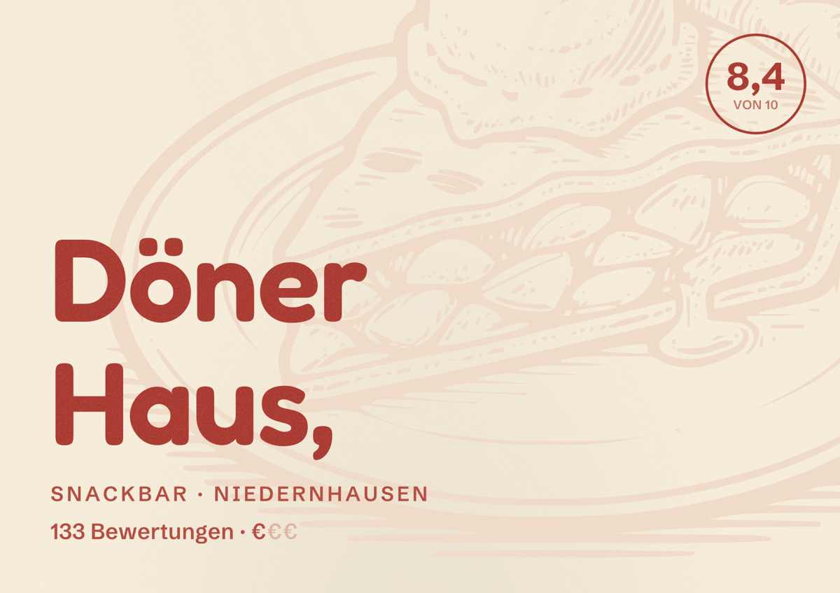 Illustriertes Poster von Döner Haus,, Snackbar in Niedernhausen: Bewertung 8,4 von 10 aus 133 Bewertungen, Preisniveau €
