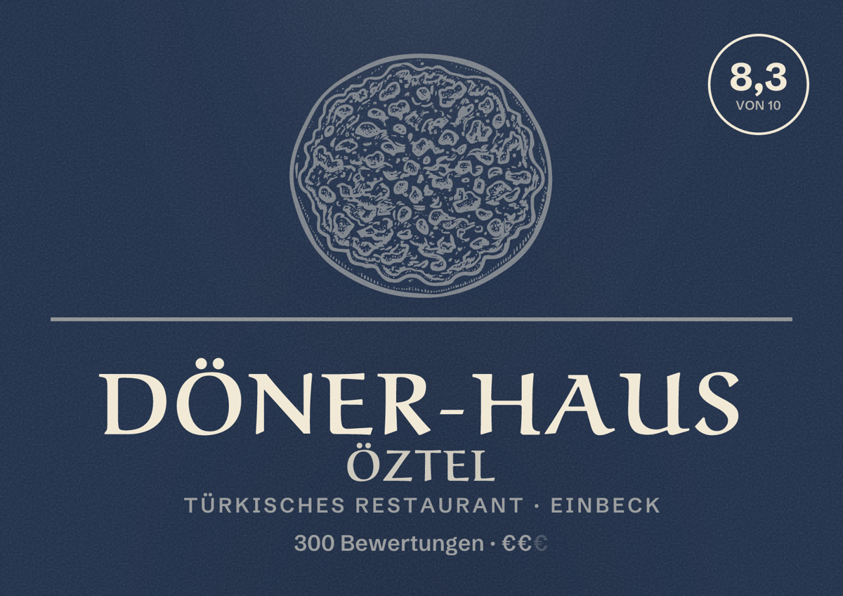 Illustriertes Poster von Döner-Haus Öztel, Türkisches Restaurant in Einbeck: Bewertung 8,3 von 10 aus 300 Bewertungen, Preisniveau €€
