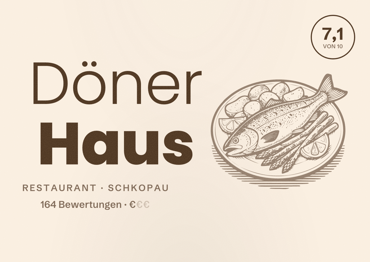 Illustriertes Poster von Döner Haus, Restaurant in Schkopau: Bewertung 7,1 von 10 aus 164 Bewertungen, Preisniveau €