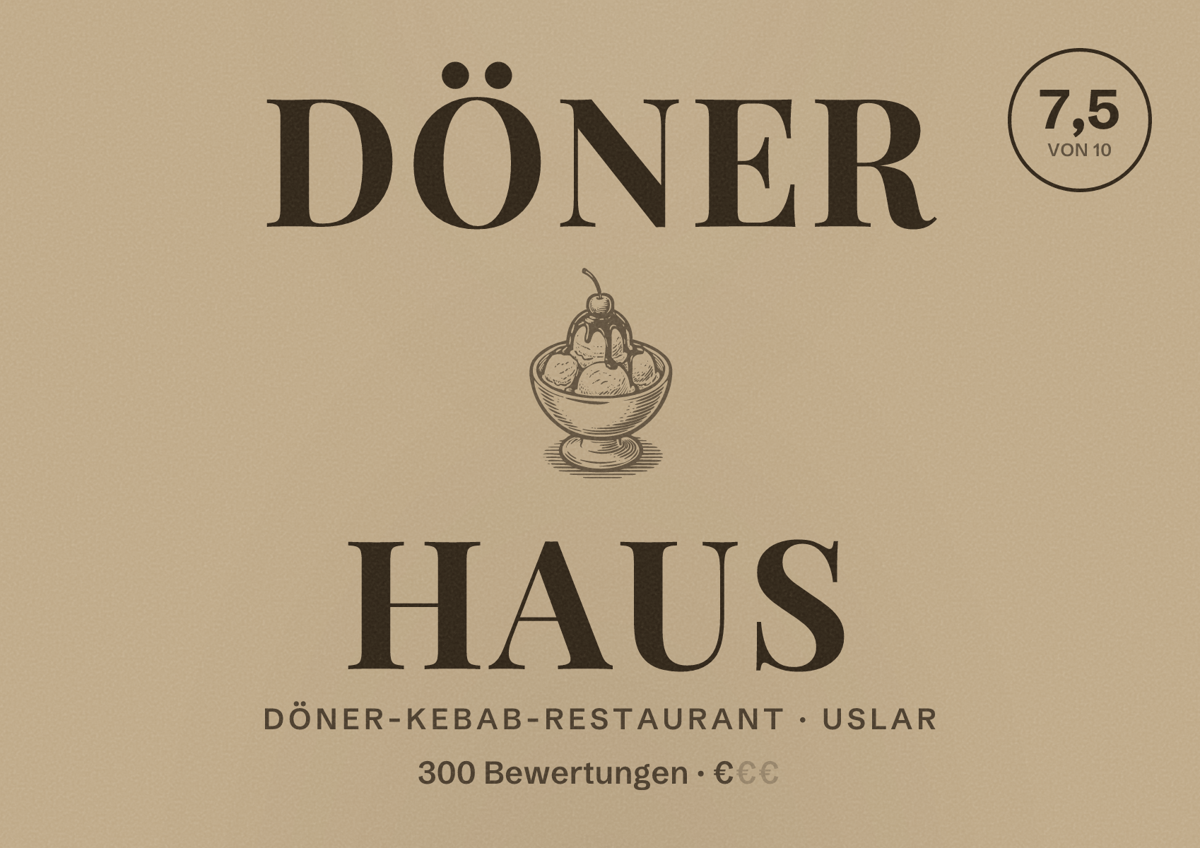 Illustriertes Poster von Döner Haus, Döner-Kebab-Restaurant in Uslar: Bewertung 7,5 von 10 aus 300 Bewertungen, Preisniveau €