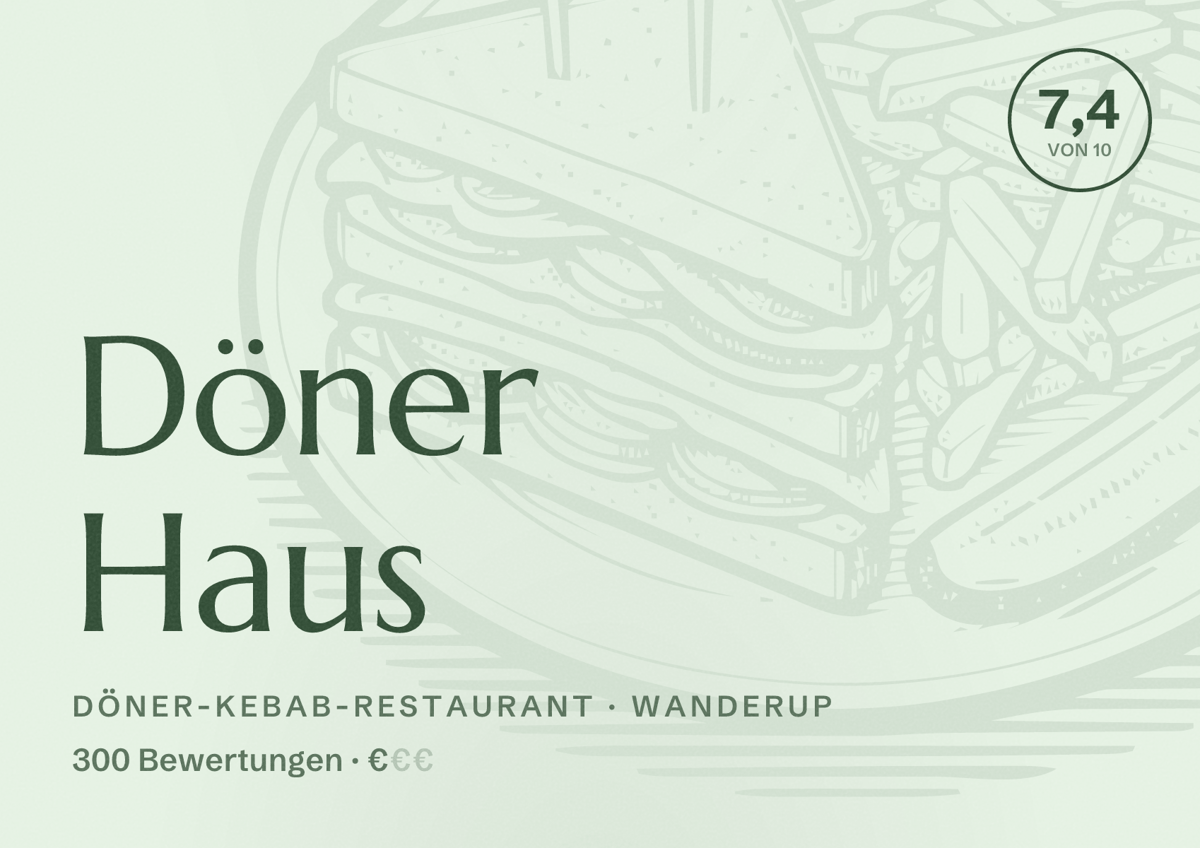 Illustriertes Poster von Döner Haus, Döner-Kebab-Restaurant in Wanderup: Bewertung 7,4 von 10 aus 300 Bewertungen, Preisniveau €