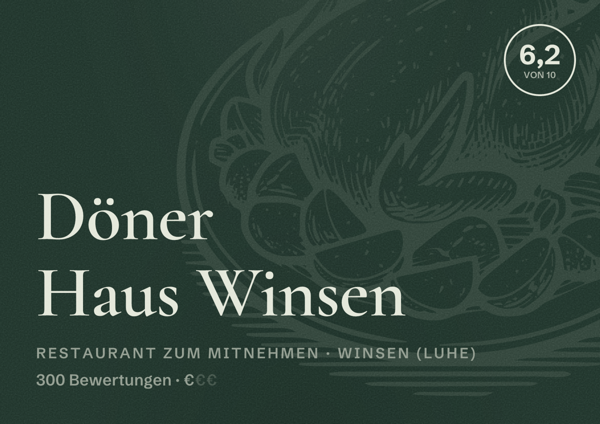 Illustriertes Poster von Döner Haus Winsen, Restaurant zum Mitnehmen in Winsen (Luhe): Bewertung 6,2 von 10 aus 300 Bewertungen, Preisniveau €