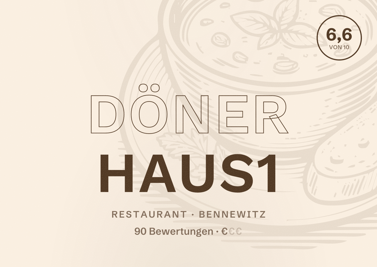 Illustriertes Poster von Döner Haus1, Restaurant in Bennewitz: Bewertung 6,6 von 10 aus 90 Bewertungen, Preisniveau €