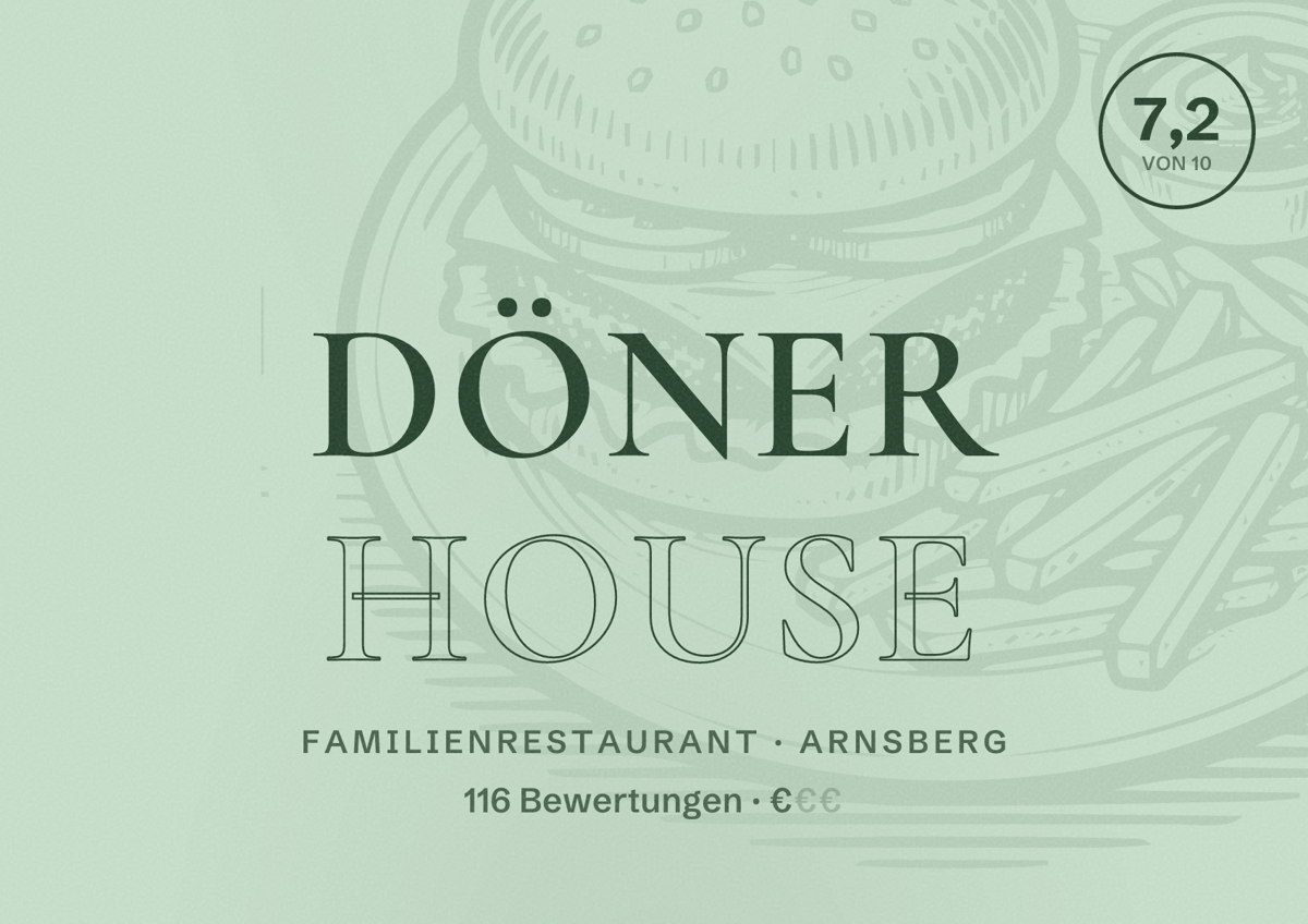 Illustriertes Poster von Döner House, Familienrestaurant in Arnsberg: Bewertung 7,2 von 10 aus 116 Bewertungen, Preisniveau €