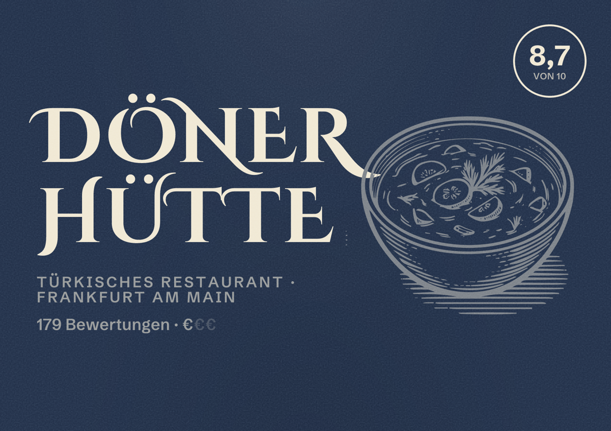 Illustriertes Poster von Döner Hütte, Türkisches Restaurant in Frankfurt am Main: Bewertung 8,7 von 10 aus 179 Bewertungen, Preisniveau €